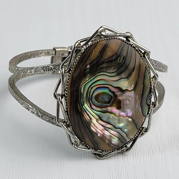 Vintage Filigree Silver Tone Abalone Shell Cuff Hinged Bracelet 6.5 Inch Clamper - Picture 1 of 7
